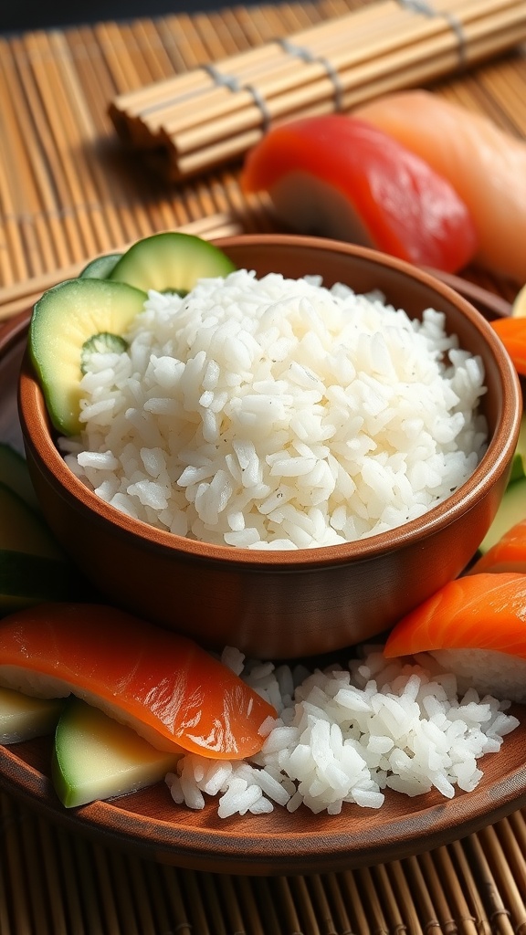 A bowl of perfectly cooked sushi rice with fresh sushi ingredients on a bamboo mat.